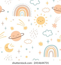 Bohemian baby pattern on white background. Seamless pattern in boho style with moon, sun and rainbow for textiles or fabric for newborns