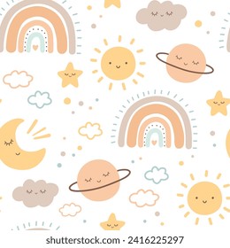 Böhmisches Babymuster auf weißem Hintergrund. Nahtlose Muster im Boho-Stil mit Mond, Sonne und Regenbogen für Textilien oder Gewebe für Neugeborene