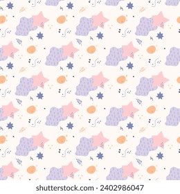 Bohemian baby pattern. Seamless baby pattern in boho style. Bohemian pattern for kids with organic shapes and stars on white background