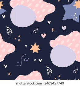 Bohemian baby pattern. Seamless baby pattern in boho style. Bohemian pattern for kids with organic shapes and stars on blue background