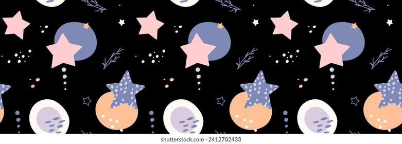 Patrón bohemio de bebé. Patrón de bebé sin foco al estilo boho. Patrón bohemio para niños con formas orgánicas y estrellas de fondo azul