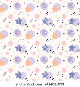 Bohemian baby pattern. Seamless baby pattern in boho style. Bohemian pattern for kids with organic shapes and stars on white background.