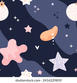Bohemian baby pattern. Seamless baby pattern in boho style. Bohemian pattern for kids with organic shapes and stars on blue background