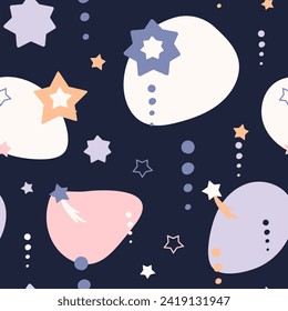 Bohemian baby pattern. Seamless baby pattern in boho style. Bohemian pattern for kids with organic shapes and stars on blue background