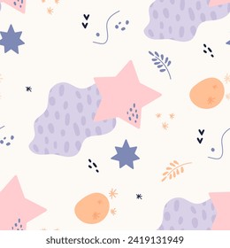 Bohemian baby pattern. Seamless baby pattern in boho style. Bohemian pattern for kids with organic shapes and stars on white background