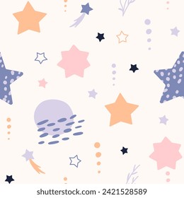 Bohemian baby pattern. Seamless baby pattern in boho style. Bohemian pattern for kids with organic shapes and stars on white background