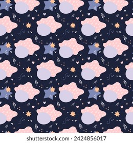 Bohemian baby pattern. Seamless baby pattern in boho style. Bohemian pattern for kids with organic shapes and stars on blue background