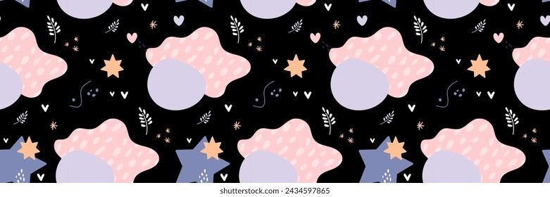 Bohemian baby pattern. Seamless baby pattern in boho style. Bohemian pattern for kids with organic shapes and stars on blue background