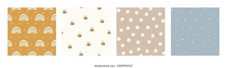 Patrón de bebé bohemio. Conjunto de estampado boho para niños con abeja, arco iris y flores. Ornamentos lindos del vivero neutral del género. Ilustración vectorial en estilo plano de dibujos animados.