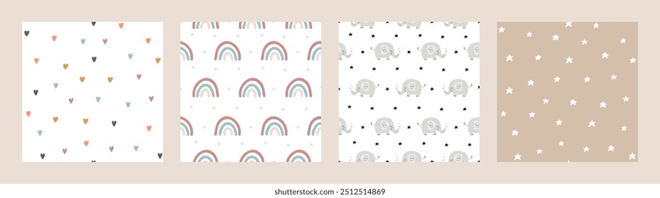 Bohemian Baby pattern. Set of Boho print for kids with stars, rainbow, hearts and elephant. Gender Neutral Nursery Cute Ornaments. Vector illustration in flat cartoon style.