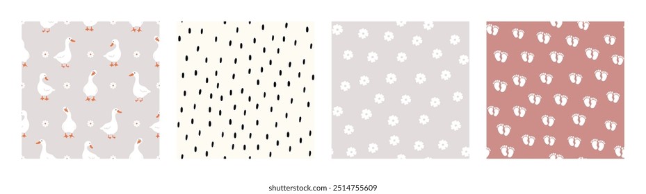 Bohemian Baby pattern. Set of Boho print for kids with gooses, flowers, small dashes and footprints. Gender Neutral Nursery Cute Ornaments. Vector illustration in flat cartoon style.