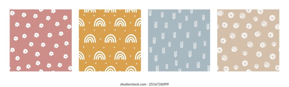 Bohemian Baby pattern. Set of Boho print for kids with flowers, rainbows, arrows and circles. Gender Neutral Nursery Cute Ornaments. Vector illustration in flat cartoon style.
