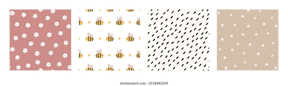 Bohemian Baby pattern. Set of Boho print for kids with bee, stars, flowers and small dashes. Gender Neutral Nursery Cute Ornaments. Vector illustration in flat cartoon style.