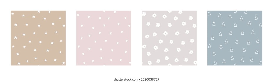 Bohemian Baby pattern. Set of Boho print for kids with stars, hearts and flowers. Gender Neutral Nursery Cute Ornaments. Vector illustration in flat cartoon style.