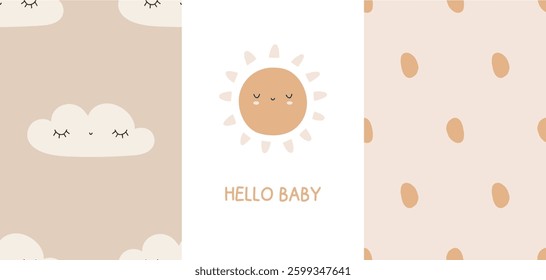 Bohemian baby pattern set. Hand Drawn Cute Cloud, Sun and Dots vector illustration. Naive boho baby seamless pattern. Scandinavian nursery print design