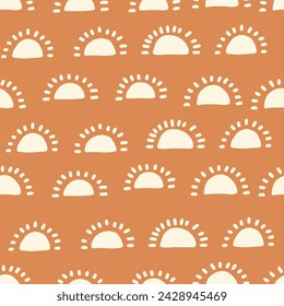 Bohemian baby seamless pattern. Cute baby boho seamless pattern with simple sun. Soft colors universe surface design for kids fabric and nursery decor. Gender neutral design. Vector Illustration