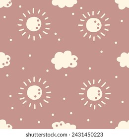 Bohemian baby seamless pattern. Cute baby boho seamless pattern with simple sun and cloud. Soft colors surface design for kids fabric and nursery decor. Gender neutral design. Vector Illustration