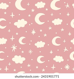 Bohemian baby seamless pattern. Cute baby boho seamless pattern with simple moons. Soft colors universe surface design for kids fabric and nursery decor. Gender neutral design. Vector Illustration