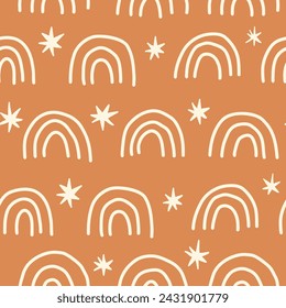 Bohemian Baby nahtloses Muster. Nettes Baby Boho nahtloses Muster mit einfachem Regenbogen und Stern. Sanfte Farben Oberflächendesign für Kindergewebe und Kinderzimmer Dekor. Genderneutrales Design. Vektorgrafik