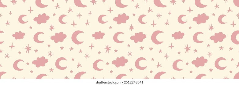 Bohemian baby seamless pattern. Cute baby boho seamless pattern with simple moons. Soft colors universe surface design for kids fabric and nursery decor. Gender neutral design. Vector Illustration