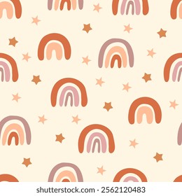 Bohemian baby seamless pattern. Cute baby boho seamless pattern with simple rainbows and stars. Soft colors surface design for kids fabric and nursery decor. Gender neutral design. Vector Illustration