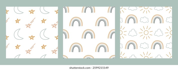 Bohemian baby seamless pattern set. Simple childish boho sun, star, rainbow for nursery, package, poster, textile print, wallpaper. Cartoon nordic hand drawn illustration isolated on white background.
