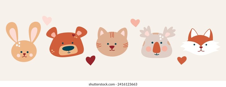 Bohemian baby set, gender neutral children's set with cute animals, rabbit, bear, cat, koala, fox. A set of vector illustrations of warm earthy flowers in boho style