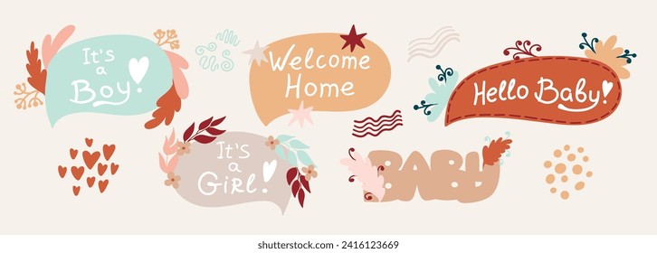 Bohemian baby set, gender neutral baby set with cute pow bubble Hello baby, it's a boy, stars, flowers. A set of vector illustrations of warm earthy flowers in Boho style