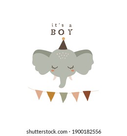 Invitación a la ducha de bebé bohemias. Tarjeta para niños o carteles para lactantes con elefante de abeto. Los niños de Boho diseñan con un lindo vestido de chica. Invitación a la ducha de bebé vectorial