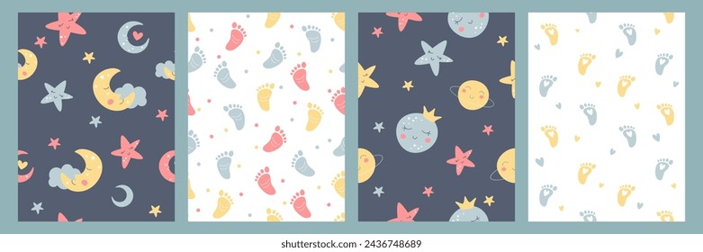 Bohemia bebé simple patrón sin fisuras. Diseño de vivero boho dibujado a mano con cielo nocturno estrellado, planeta lindo, luna, nube y huellas para el dormitorio de los niños en estilo escandinavo. Estampado de arte de pared infantil.