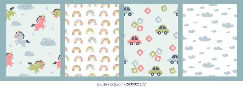 Bohemian baby simple seamless pattern. Hand drawn boho nursery design with clouds, rainbow, cute unicorn, toy car, abc cubes, starry sky for kids bedroom in scandinavian style. Childish wall art print