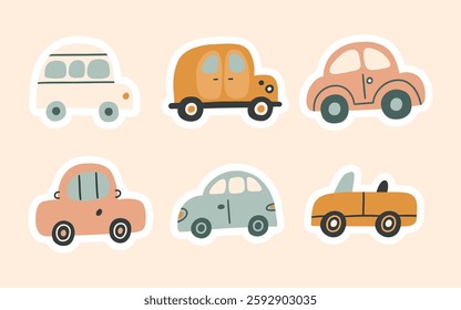 Bohemian baby sticker doodle set. Simple childish boho colorful cars for nursery, print, poster, card. Cartoon nordic illustration for children. Hand drawn illustration isolated on beige background.