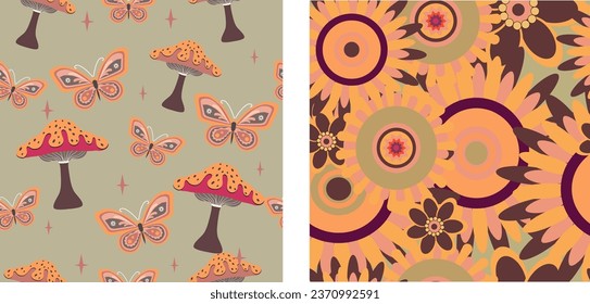 Bohemian background from the 70s with a psychedelic twist, groovy hippie inspired backgrounds. Cartoon style prints featuring flowers and mushrooms, glasses and  retro elements.