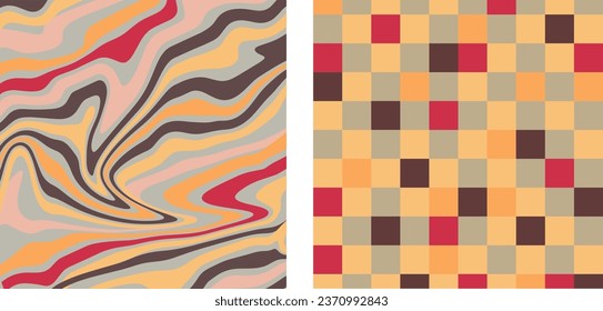 Bohemian background from the 70s with a psychedelic twist, groovy hippie inspired backgrounds. Cartoon style prints featuring flowers and mushrooms, glasses and  retro elements.
