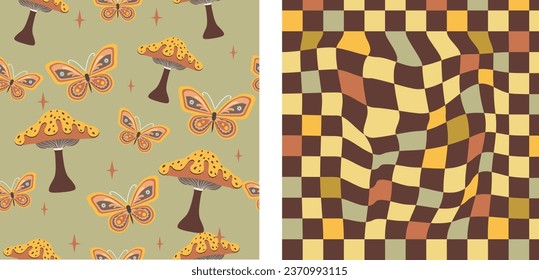 Bohemian background from the 70s with a psychedelic twist, groovy hippie inspired backgrounds. Cartoon style prints featuring flowers and mushrooms, glasses and  retro elements.