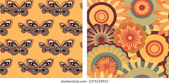Bohemian background from the 70s with a psychedelic twist, groovy hippie inspired backgrounds. Cartoon style prints featuring flowers and mushrooms, glasses and  retro elements.