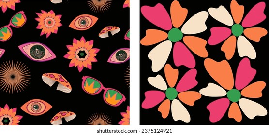 Bohemian background from the 70s with a psychedelic twist, groovy hippie inspired backgrounds. Cartoon style prints featuring flowers and mushrooms, glasses and  retro elements.