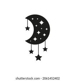 Bohemian black crescent with stars isolated on white background. Witchy luna. Alchemy esoteric magic talisman. Mystical symbol.