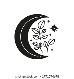 Bohemian black floral crescent moon with leafy branches and star isolated on white background. Witchy luna. Alchemy esoteric magic talisman. Mystical boho symbol.