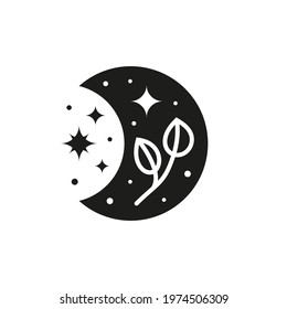 Bohemian black floral crescent moon with leafy branch and stars isolated on white background. Witchy luna. Alchemy esoteric magic talisman. Mystical boho symbol.