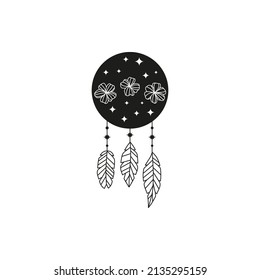 Bohemian black full moon with bird feathers, wildflowers and stars isolated on white background. Witchy luna. Alchemy esoteric magic talisman. Mystical symbol.