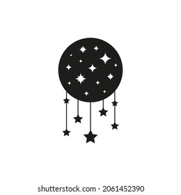 Bohemian black full moon with stars isolated on white background. Witchy luna. Alchemy esoteric magic talisman. Mystical symbol.