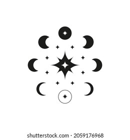 Bohemian black moon phases in circle with stars isolated on white background. Witchy luna. Alchemy esoteric magic talisman. Mystical symbol.