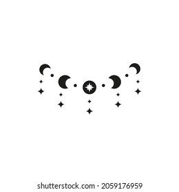 Bohemian black moon phases with stars isolated on white background. Witchy luna. Alchemy esoteric magic talisman. Mystical symbol.