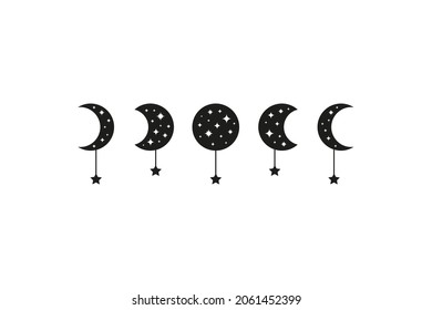 Bohemian black moon phases with stars isolated on white background. Witchy luna. Alchemy esoteric magic talisman. Mystical symbol.