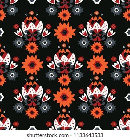 Bohemian Black Red Floral, Seamless Vector Pattern, Hand Drawn Folk Style Flower Illustration for Trendy Fashion Prints, Wallpaper, Stationery, Elegant Home Decor, Gift Wrap & 70's Retro Backgrounds
