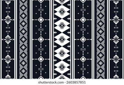 Bohemian Black and White Seamless Pattern,High contrast vector illustration of a bold ethnic geometric design featuring vertical stripes, diamonds and intricate tribal motifs ideal for textiles