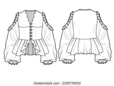 Bohemian Blouse, Bishop Sleeve Cold Shoulder Frill Peplum Blouse  Front and Back View. Fashion Illustration, Vector, CAD, Technical Drawing, Flat Drawing.	