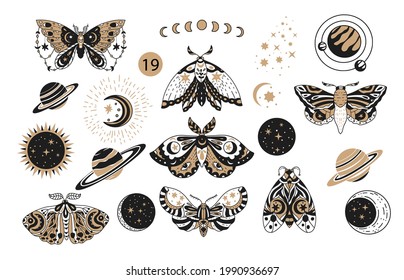 Bohemian Boho Butterfly Decorative Vector Logo Set. Moth Wildlife Alchemy Icon Symbol, Tattoo Graphic Shape Design, Ethnic Sketch.