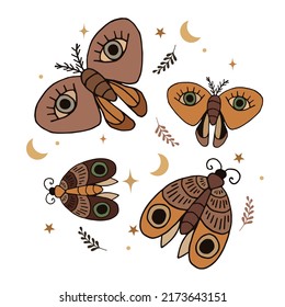 Bohemian boho butterfly decorative vector logo set. Moth wildlife alchemy icon symbol, tattoo graphic shape design, ethnic sketch.